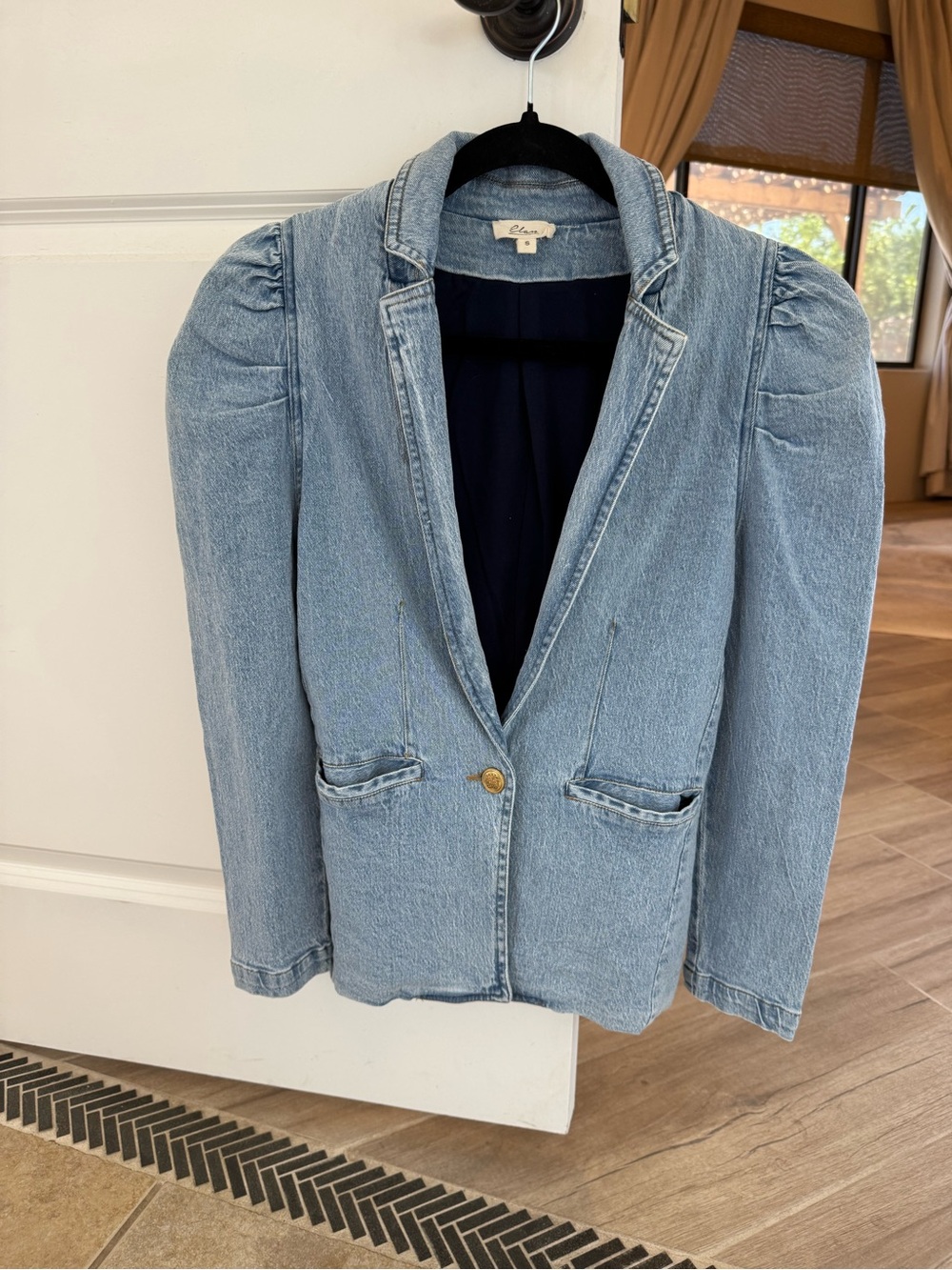 Elan Light Blue Puff-Shoulder Denim Blazer